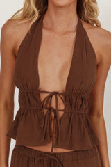 Under The Moons Tied Front Halter Top Cocoa
