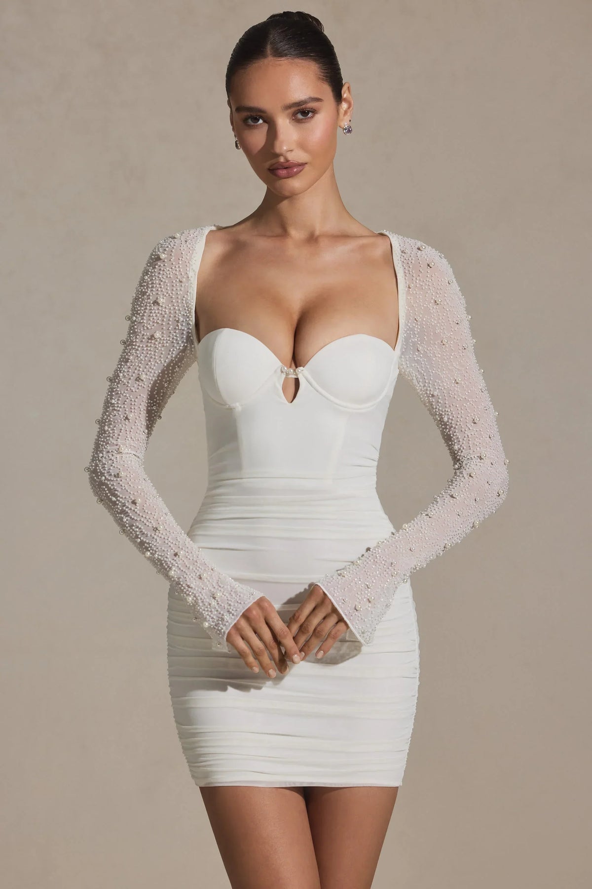 Embellished Long-Sleeve Mini Dress in White